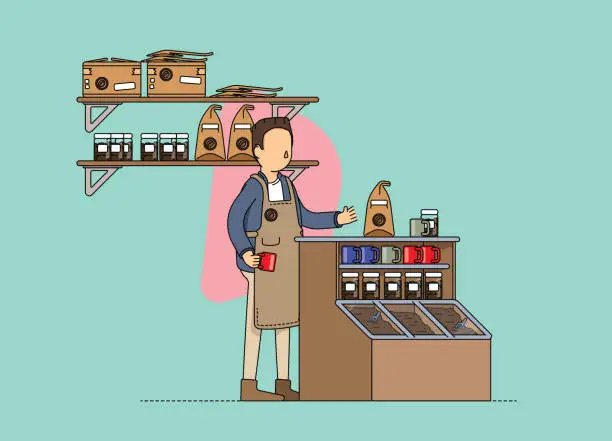 Vector illustration of Male fair trade coffee store owner, preparation of an order for delivery.