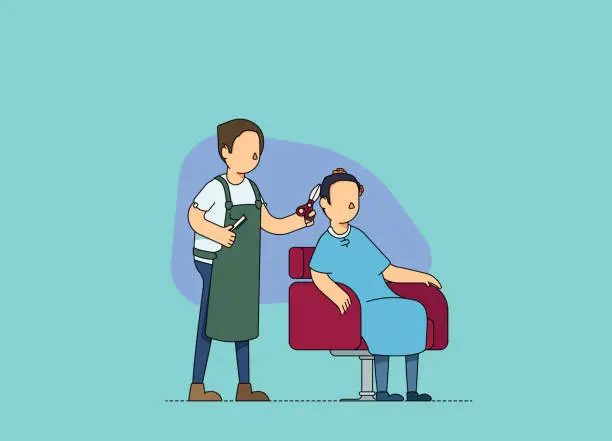 Vector illustration of Male hairdresser and client at a hair salon, discussing and cutting hair.