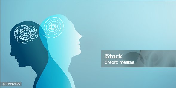 istock Metaphor bipolar disorder mind mental. Double face. Split personality. Concept mood disorder. Psychology. Dual personality concept. 2 Head silhouette.Mental health. Tangle and untangle 1254947599