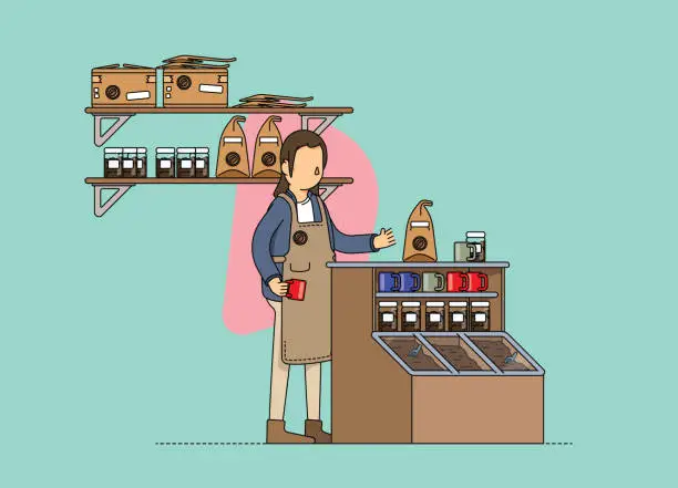 Vector illustration of Female fair trade coffee store owner, preparation of an order for delivery.