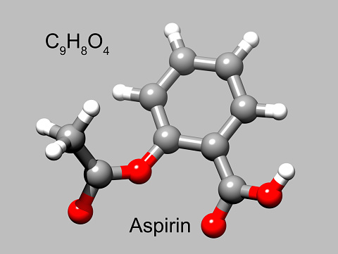 Fórmula química y estructura del ácido acetilsalicílico o aspirina, un fármaco antiinflamatorio común photo