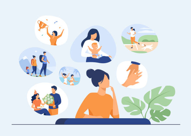 Happy life memories concept Happy life memories concept. Woman thinking over positive important moments of life experience, child birth, engagement, vacation. Vector illustration for past, personality, achievement topics the past illustrations stock illustrations