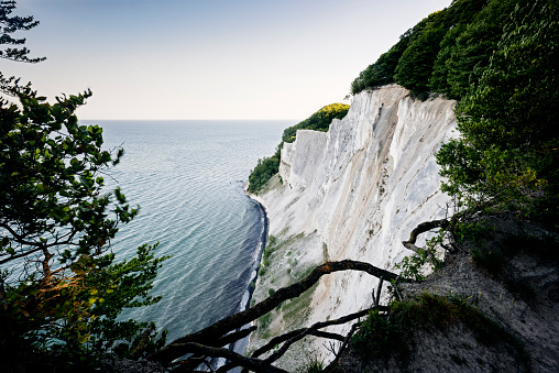 Photographed just after sunset  looking over the cliffs at Møns Klint on the island of Møn in Denmark. Colour horizontal with some copy space.