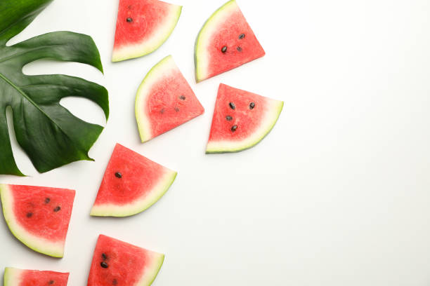 istock Composition with fresh watermelon slices on white background, top view 1254954460
