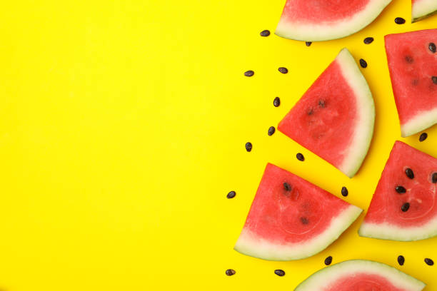 istock Composition with watermelon slices on yellow background, top view 1254954497