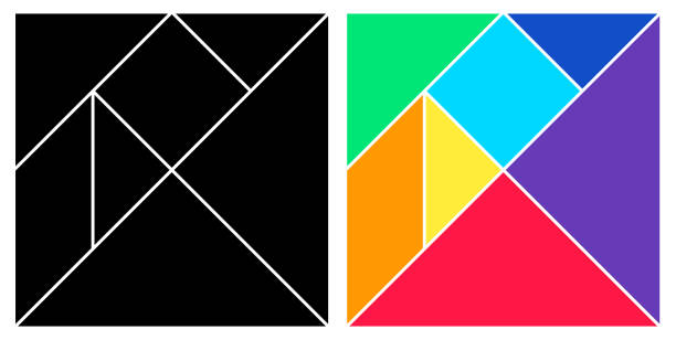 Tangram black and colorful base square brain game with pieces flat style design vector illustraition isolated on whiye background. Tangram black and colorful base square brain game with pieces flat style design vector illustraition isolated on whiye background. rhombus illustrations stock illustrations
