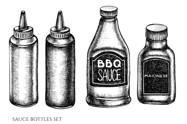 векторный набор нарисованных вручную бутылок с черно-белым соусом - mustard bottle sauces condiment stock illustrations