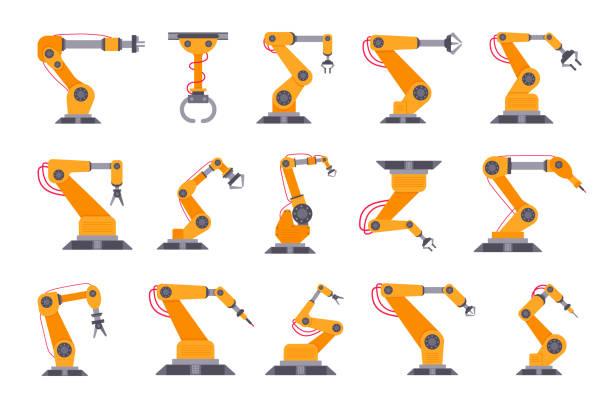 ロボットアームは、白い背景に分離フラットスタイルデザインベクトルイラストを設定します。ロボットの腕や手。産業マニピュレーター。現代のスマートファクトリー産業4.0テクノロジー� - 機械アーム点のイラスト素材／クリップアート素材／マンガ素材／アイコン素材