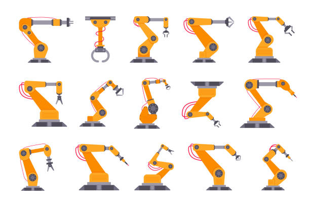 Robotic arm set flat style design vector illustration isolated on white background. Robot arms or hands. Industrial manipulator. Modern smart factory industry 4.0 technology manufacturing Robotic arm set flat style design vector illustration isolated on white background. Robot arms or hands. Industrial manipulator. Modern smart factory industry 4.0 technology manufacturing robotics stock illustrations
