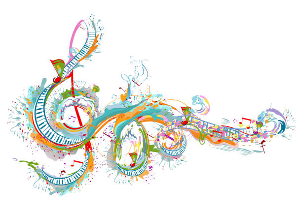 ilustrações de stock, clip art, desenhos animados e ícones de abstract musical design with a treble clef and colorful splashes, birds, butterflies, notes and waves. - guitar illustration and painting abstract pattern