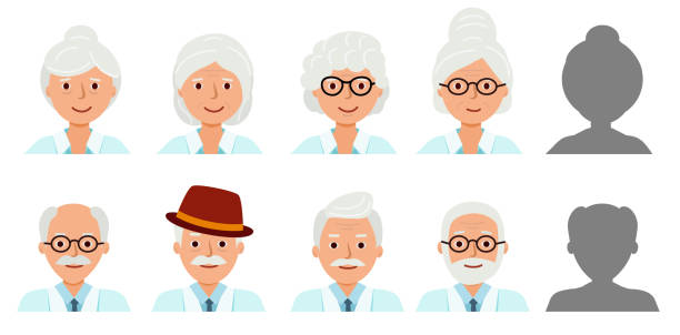 legen sie das avatarprofil isoliert fest. ikonen glücklicher großeltern. - senior women grandmother glasses senior adult stock-grafiken, -clipart, -cartoons und -symbole