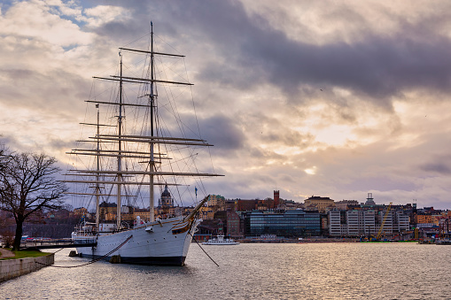 Gothenburg, Sweden - July 14 2021: Sailing replica of the Swedish East Indiaman Götheborg at port.