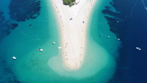 Zlatni rat beach on brac island in Croatia Aerial view on golden horn beach in croatia brac island stock pictures, royalty-free photos & images