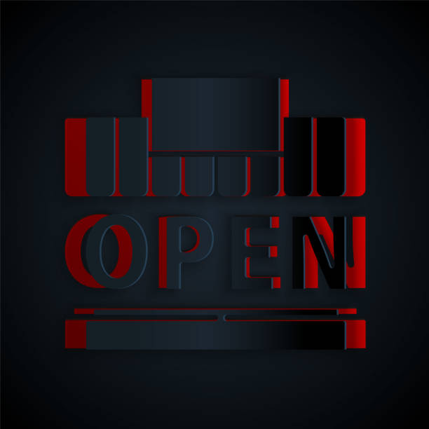 istock Paper cut Shopping building or market store and text open icon isolated on black background. Shop construction. Paper art style. Vector Illustration 1254962378