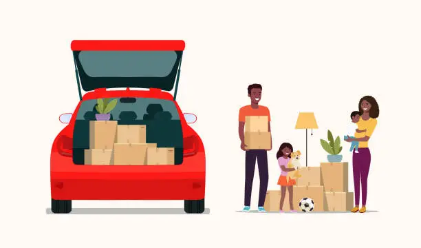 Vector illustration of Afro american man, woman  and girl hold boxes. Moving house. Car with open door.  Vector flat style illustration.