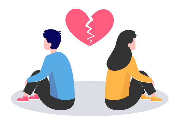 Conflict in couple Conflict in couple. Young man and woman turning their back on under broken heart flat vector illustration. Breakup, heartbreak, split up concept for banner, website design or landing web page divorce papers stock illustrations