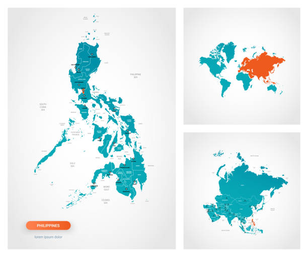 illustrazioni stock, clip art, cartoni animati e icone di tendenza di modello modificabile di mappa delle filippine con segni. filippine sulla mappa del mondo e sulla mappa dell'asia. - philippines map