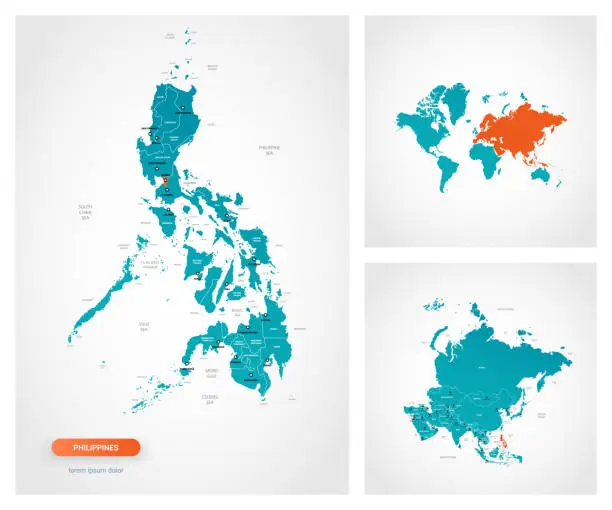 Vector illustration of Editable template of map of Philippines with marks. Philippines on world map and on Asia map.