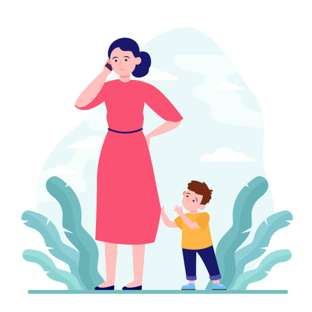 ilustrações de stock, clip art, desenhos animados e ícones de mom talking on phone while walk with son outdoors - mãe filho conversa