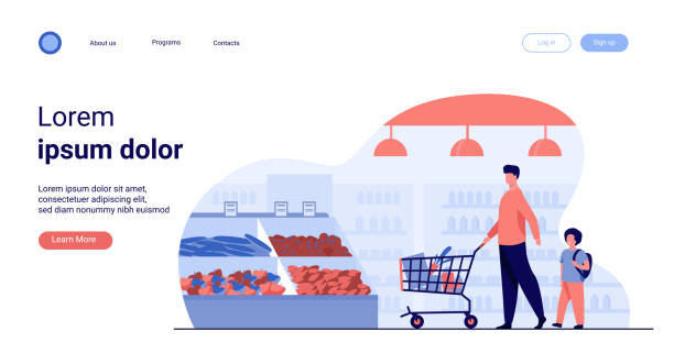 Father and son buying food in supermarket Father and son buying food in supermarket. Young man and boy wheeling shopping cart with food along aisles in grocery store. Vector illustration for market, retail, shoppers, customers concept supermarket family retail cable car stock illustrations