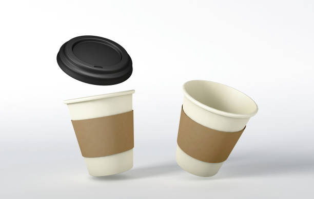 istock Take away coffee cup set on white background, portable cafe mockup, front view. Paper cup texture, black lid, to go concept with space for text. Disposable cappuccino cups packaging, closeup. 1254968563