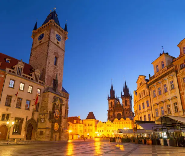 Prague - The Old Town hall, Staromestske square and Our Lady before Týn church at dusk.