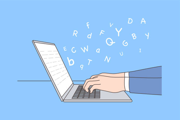 Business, work, education, network, journalism, report concept Business, work, education, report, storytelling concept. Human character editor author writer hands typing text narration using laptop. Grammar language learning remotely or sending email illustration person writing in notebook stock illustrations