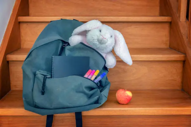 School bag with cuddly toy, supplies and lunch