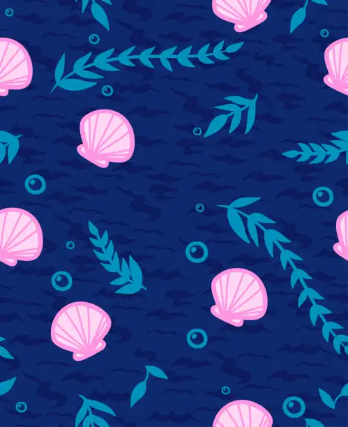 Vector illustration of Seamless pattern with shells, bubbles and algae. Vector graphics.