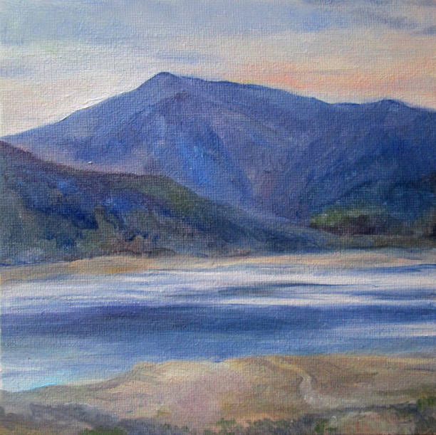 istock Bright mountains reflected in water. Hand made oil painting on canvas. 1254970637