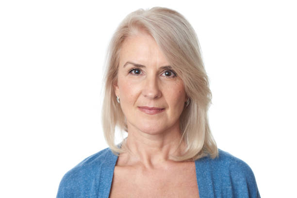 istock Old blonde woman portrait isolated on white studio background 1254970876