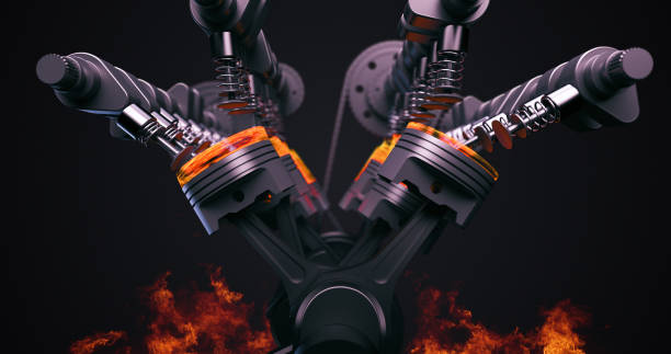 istock Powerful V8 Engine With Pistons And Crankshaft With Flames. 3D Rendering 1254971707