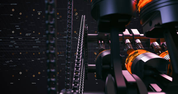 istock Close Up V8 Engine With Working Pistons And Crankshafts. 3D Rendering 1254971730