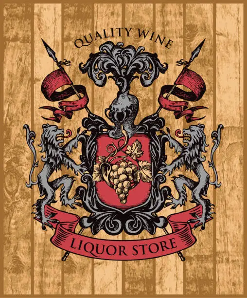 Vector illustration of coat of arms for liquor store on wooden background