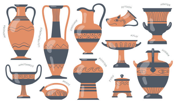 ilustraciones, imágenes clip art, dibujos animados e iconos de stock de set de jarras de cerámica griega - earthenware bowl ceramic dishware