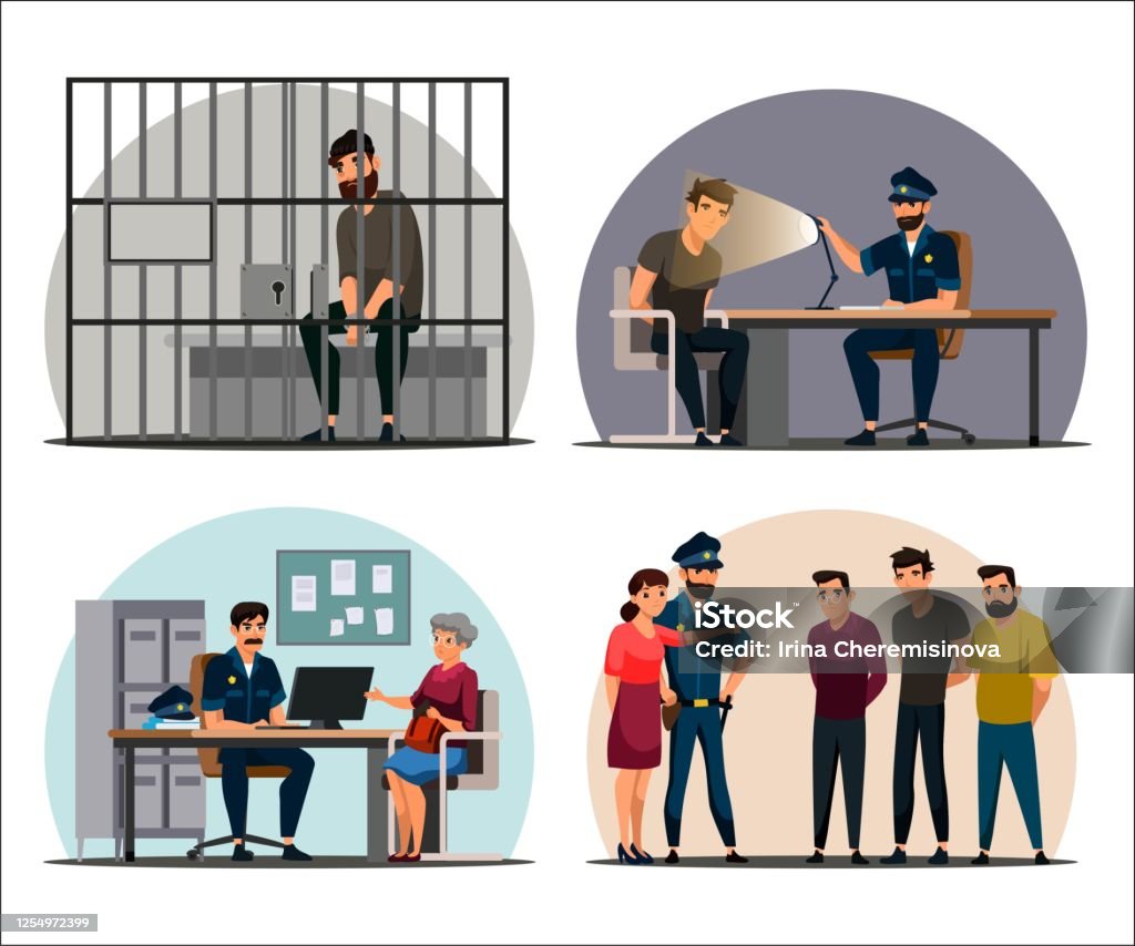 Vector character illustration of police work scenes set Police work scenes set. Arrested man sitting behind camera grid. Police officer interrogates suspect. Victim woman at detective. Girl points to criminal, identifies. Vector character illustration Criminal stock vector