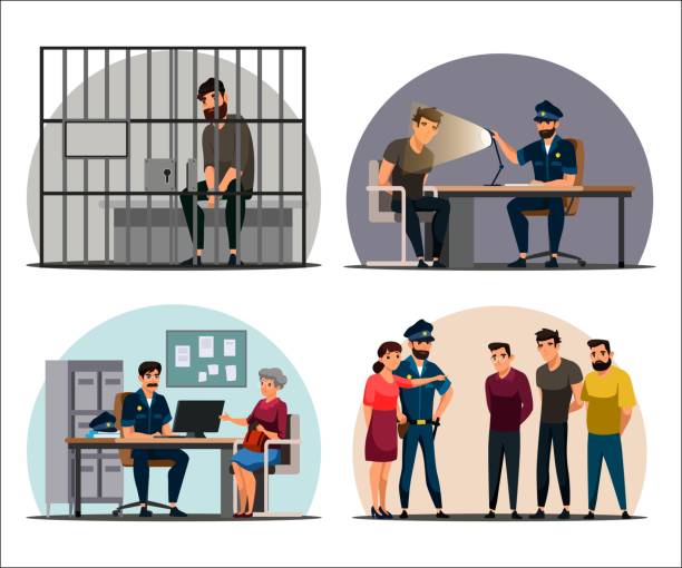 Vector character illustration of police work scenes set Police work scenes set. Arrested man sitting behind camera grid. Police officer interrogates suspect. Victim woman at detective. Girl points to criminal, identifies. Vector character illustration police interview stock illustrations