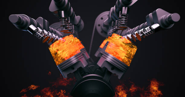 istock Powerful V8 Engine With Pistons And Crankshaft With Flames. 3D Rendering 1254973251