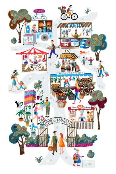 Vector illustration of Seasonal outdoor farmers market. Buyers and sellers on local marketplace. People selling and shopping fresh milk, meat, fruits, vegetables, bakery. Retail business, bazaar vector concept.