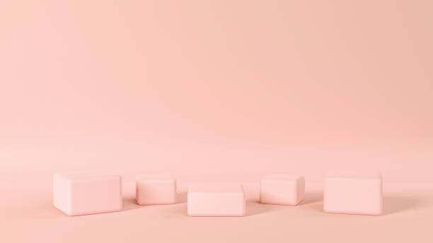 istock Pink empty room, geometric shapes, stands, empty walls, realistic 3d render illustration. Minimalist blank scene with squares, modern graphic design, pastel pink colors, box shape display design. 1254973395