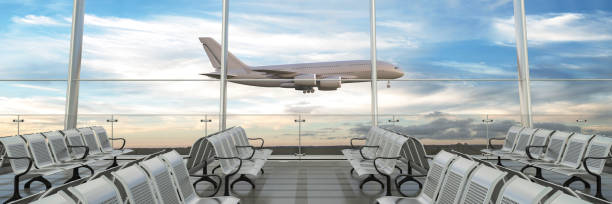 istock Empty airport terminal lounge with airplane on background. 1254973555
