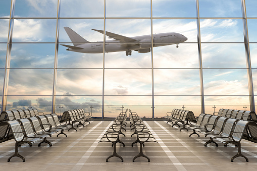 Empty airport terminal lounge with airplane on background. 3d illustration