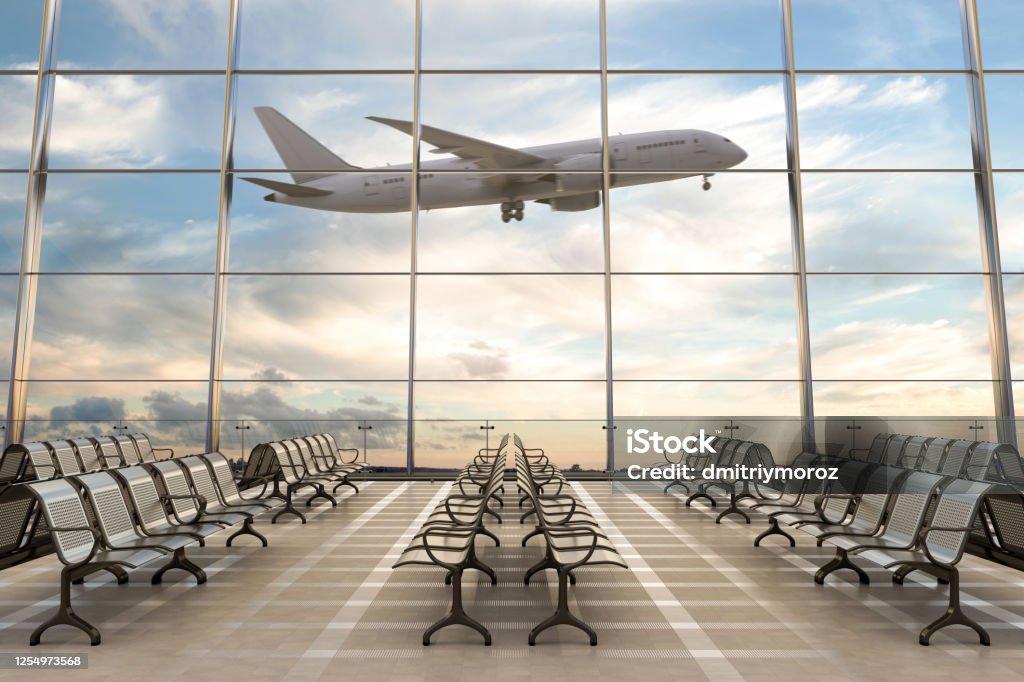 Empty airport terminal lounge with airplane on background. Empty airport terminal lounge with airplane on background. 3d illustration Airport Stock Photo
