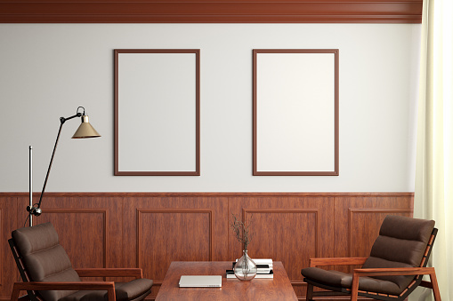 Two vertical blank posters mockup on white wall  in classic style interior of modern living room. 3d illustration