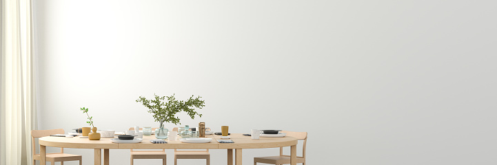 Blank white wall mock up in the dining room with served wooden table. 3d render