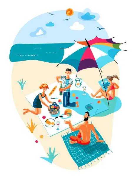 Vector illustration of Happy vector friend rest during picnic on beach