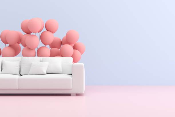 Beautiful decoration in the restaurant hall, two-color balloon arch and heart-shaped balloons arranged all over the restaurant hall