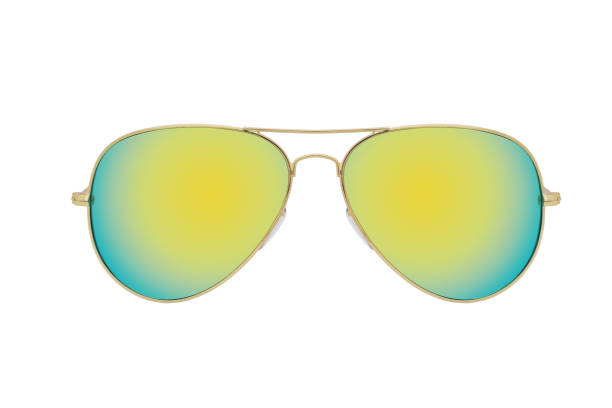 istock Sunglasses with a gold frame and yellow mirror lens isolated on white background. 1254976473