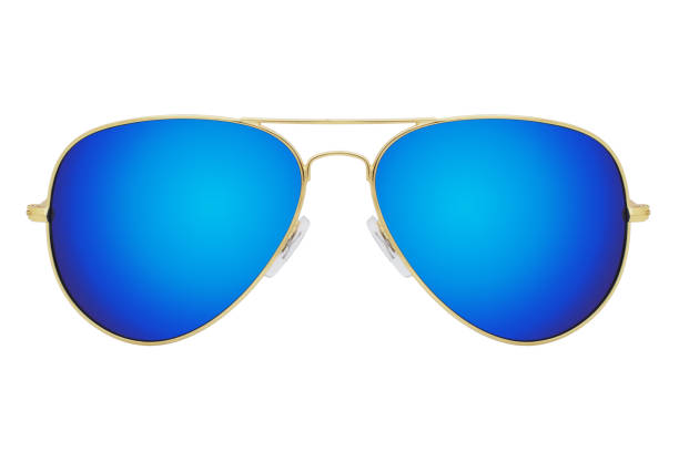istock Sunglasses with a gold frame and blue mirror lens isolated on white background. 1254976477