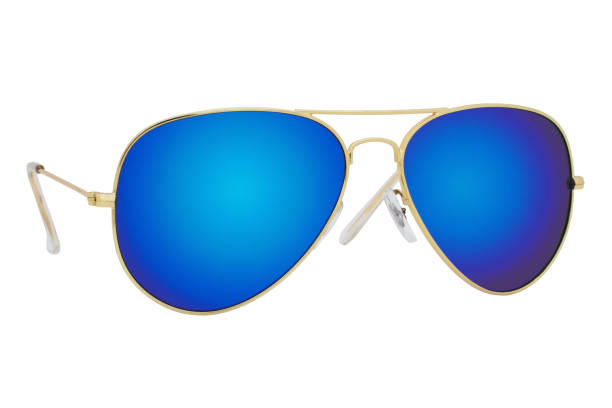 istock Sunglasses with a gold frame and blue mirror lens isolated on white background. 1254976481